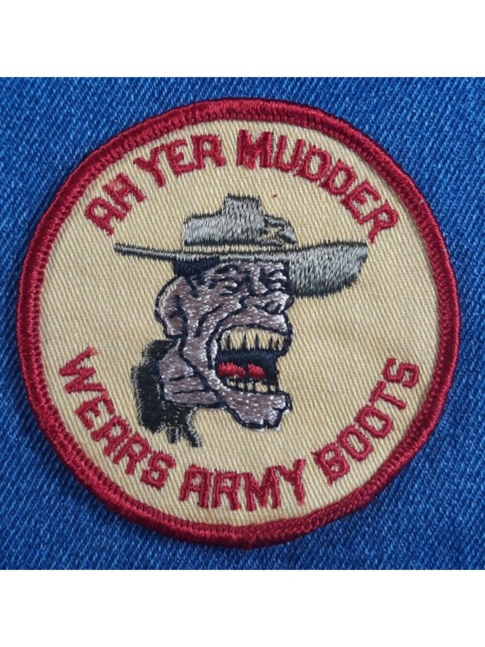 NOS 70s Original Vintage Ah Yer Mudder Wears Army Boot 3" Patch Funny Hippie